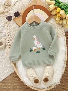 SHEIN Vintaside Kids 1pc Baby Girl Casual Sweater, Duck Embroidery, Long Sleeve Pullover Top, Can Be Worn Layered Or Standalone Baby Knitwear Sweater , Fall Winter - Green - View 6