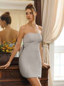 SHEIN Unity Women's Metallic Pleated Bust Mini Dress With Bowknot Back, Suitable For Party In Autumn/Winter - Silver - View 3