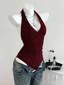 Elamini 百搭交叉深 V 领褶饰紧身衣，适合春、夏、秋、冬