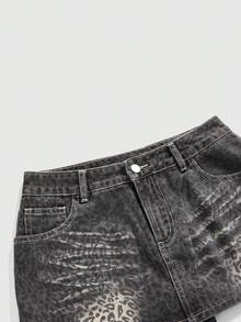ROMWE Avant Váy ngắn denim thêu họa tiết da báo có túi gradient vintage Vantage Baddie hiếm dành cho nữ - Xám - Xem 3