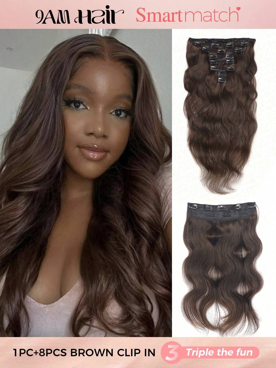 SMART&MATCH 1Pc Body Wave Chocolate Brown Clip In Hair Extensions With 8 Pcs Clip In Hair Extensions Virgin Human Hair Clip In Natural Black Wavy Double Weft Hair Weaves - S2 - View 1