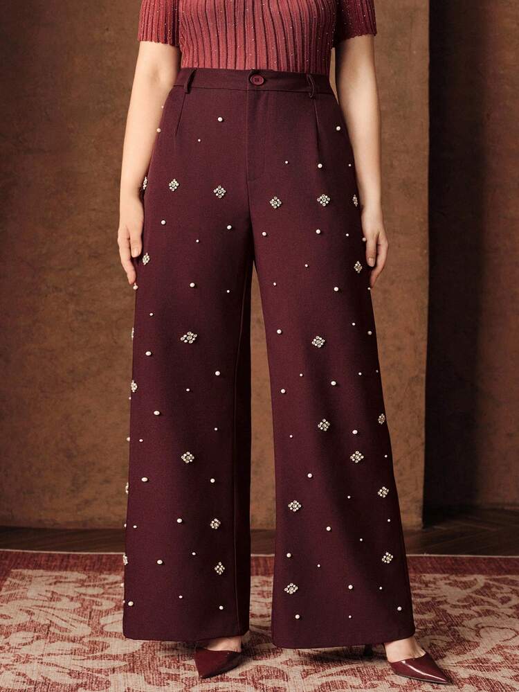 Women's Autumn Fashionable Loose Elegant Rhinestone Wide Leg Plus Size Pants, Women's Stylish Long Pants, Women's Thanksgiving Fashionable Evening, Fall, Winter, New Year, Elegant, Chic, Stylish, Christmas, Going Out, Winter For Women