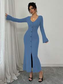 Elenzga Women's Front Button Flare Sleeve Sweater Dress - Blue - View 6