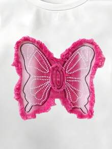 2 件套女婴休闲牛仔外观蝴蝶结印花短袖圆领 T 恤和喇叭裤套装，适合日常穿着，舒适，适合所有季节 - 彩色 - 查看 4