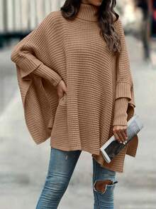 EMERY ROSE Women's Solid Color Turtleneck Loose Batwing Sleeve Fashionable Knit Pullover Sweater - Camel - View 4