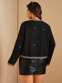 Comfylo Plus Size Women Elegant Commuter Color Block Trim Black Coat, Christmas Winter New Year Thanksgiving Party Elegant Luxury - Black - View 3