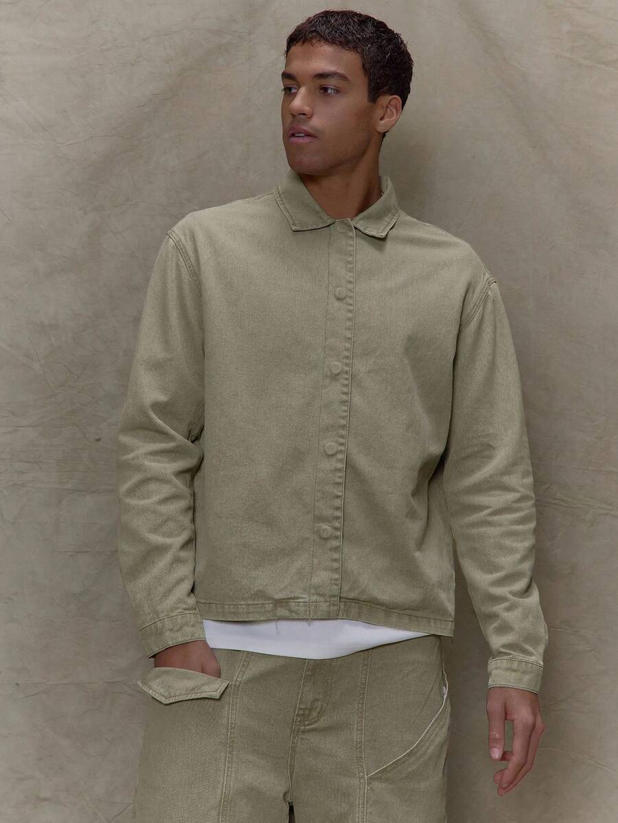 Musero Long Sleeve Tops Hidden Button Through Denim Jacket Fall Winter Autumn - Khaki - View 1