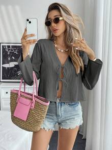 Pariaura 女士休闲纯色系带衬衫