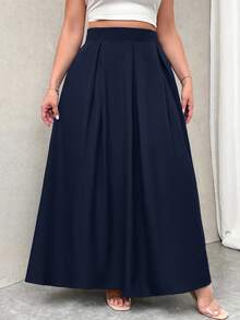 Firerie 加大码女式灰色高腰超长褶皱 A 字裙，带口袋，松紧腰带，秋季开学季 - 藏蓝色 - 查看 6