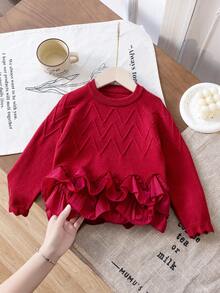 SHEIN 年轻女孩优雅针织毛衣，丝绸花边，柔软纱线，适合日常休闲穿着，适合家庭聚会、万圣节、新年、感恩节、圣诞节