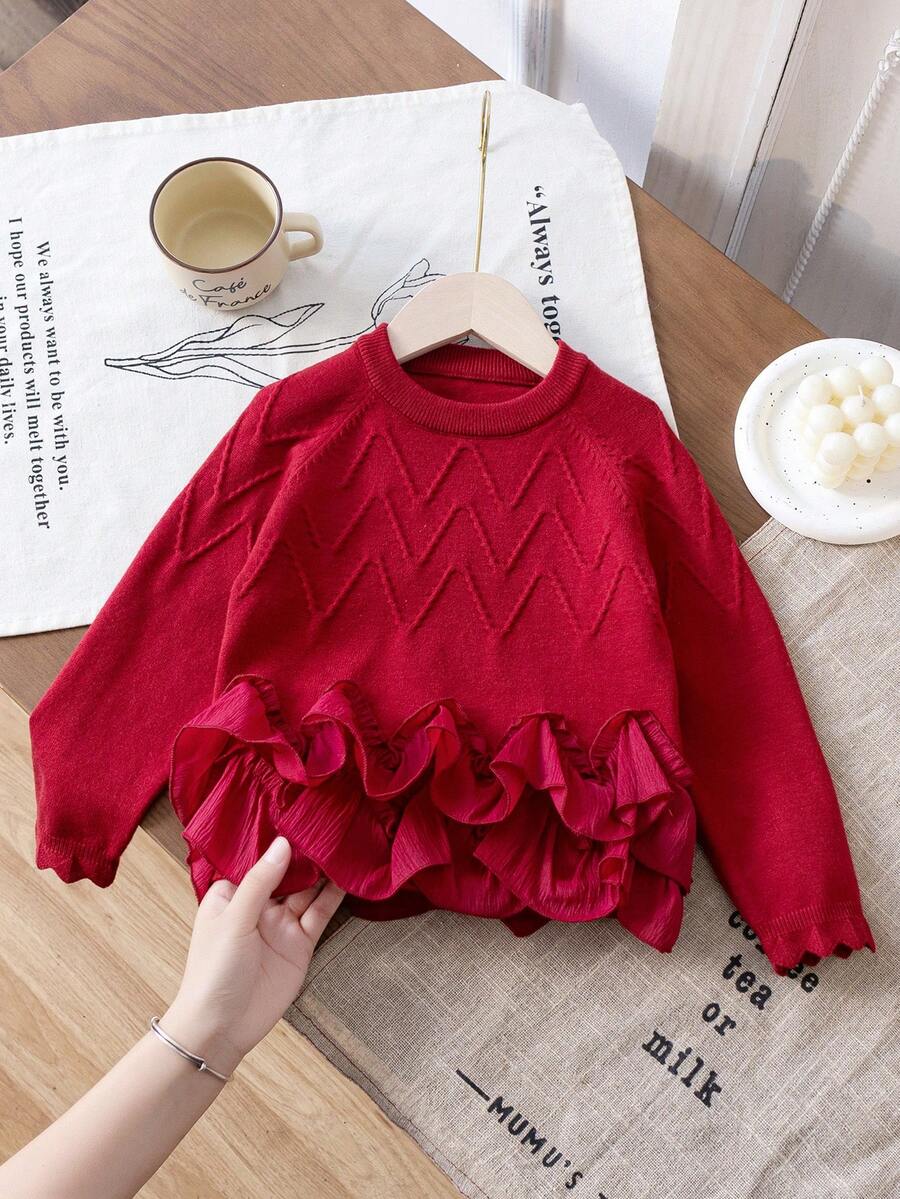 SHEIN 年轻女孩优雅针织毛衣，丝绸花边，柔软纱线，适合日常休闲穿着，适合家庭聚会、万圣节、新年、感恩节、圣诞节