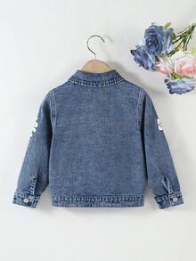 Elladie kids Young Girls Cute Style Denim Jacket, Vintage Mid-Blue Denim Color With White Floral Print, Fitted Silhouette, Comfortable Soft Fabric, Fashionable For Daily Wear And Commuting, Suitable For Spring, Summer, Autumn And Winter