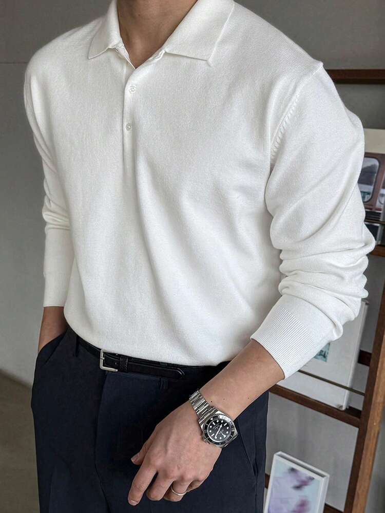 Men's Solid Color Polo Neck Knit Sweater, Autumn