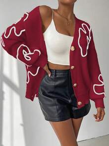 Chiquease Cardigan Wanita Bermotif Bunga, Modis untuk Musim Gugur/Dingin - Merah - View 4