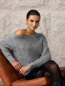 Modelyn Women's Asymmetrical Shoulder Sweater With Tie Neck - Grey - View 7