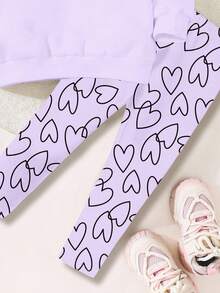 SHEIN Happikins 2pcs/Set Young Girl Casual Loose Fit Heart Pattern Round Neck Long Sleeve Sweatshirt And Leggings, Suitable For Autumn/Winter Winter Young Girls Sets Tween Girl Lavender Outfits Cozy And Cute Lavender Sweatshirt Kids Girls Comfy Set Sweatshirt Set For Girl
