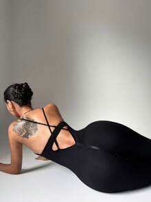 Dewbera Women's Solid Color Backless Camisole Yoga Sports Jumpsuit Yoga Romper V Back Jumpsuits Gym Seamless Yoga Jumpsuit Seamless Jumpsuit Bodycon Jumpsuit Legging Jumpsuit Unitard Jumpsuit Tummy Control Jumpsuit Tummy Control Jump Suit - Black - View 6