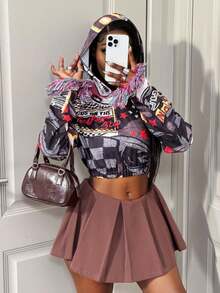 BamGleam Women's Slogan Checkered Print Long Sleeve Cropped Casual Hoodie