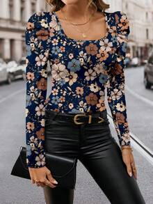 SHEIN Clasi 豹纹方领羊腿袖休闲简约长袖上衣，适合春秋季 - 彩色 - 查看 5