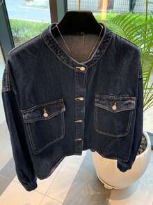 DAZY Women's Round Neck Plain Fashion Button Double Pocket Denim Jacket, Autumn/Winter - Navy Blue - View 5