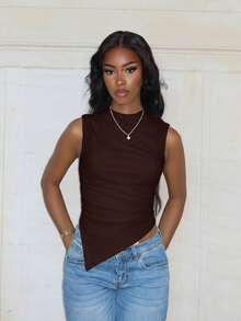 Mima John Women's Solid Color Sleeveless Cropped Casual Tank Top With Asymmetrical Hem,Multipack - Coffee Brown - View 3