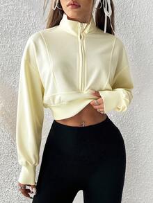 SHEIN EZwear 女士前拉链长袖简约短款卫衣，休闲日常穿着，长袖上衣，适合毕业、教师、秋冬季返校季穿着，黄色 - 杏色 - 查看 6