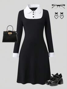 فستان أنيق وعصري للبنات بأكمام طويلة مع 3 أزرار في الأمام، مناسب للخروجات في فصلي الخريف والشتاء، للنزهات والتسوق والتنقلات، يمكن ارتداؤه مع جاكيتات وسترات وجواكيت بطانة - الأسود - مشاهدة 5