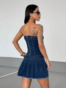 SHEIN Unity Women's Denim Dress With Waist Belt And Bandeau Top - Medium Wash - View 2