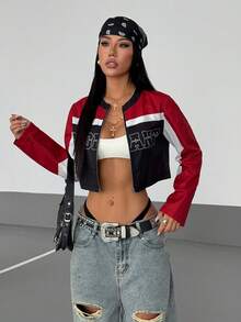StreetHx 女式街头运动字母印花长袖短款夹克 - 彩色 - 查看 4