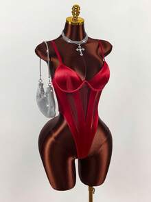 Amplova Bộ đồ liền thân lưới vá màu trơn dành cho nữ, dây mảnh gợi cảm - Màu Đỏ Sâu - Xem 4