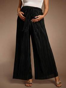 MaterniChic Pantalones anchos de pierna ancha, sueltos y texturizados de unicolor, para maternidad, de otoño - Negro - Ver 3