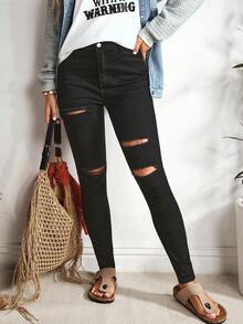 EMERY ROSE Jeans pitillo negros con bolsillos sesgados y rotos - Negro - Ver 7