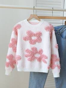 SHEIN 女童可爱甜美粗针织套头衫，花卉圆圈细节设计，适合秋冬季 - 淺粉色 - 查看 1