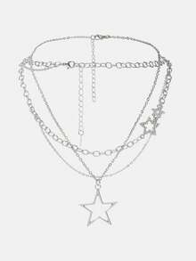 Y2Kool 2pcs/Set Double-Layered Necklace With Big Star Pendants, Fairy/Ins/Hip-Hop Style Collarbone Chain For Women, Y2k Jewelry - Silver - View 4