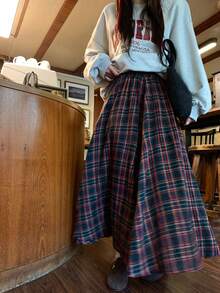 DAZY 女士格子休闲中长宽松A字裙 - 紅色 - 查看 6