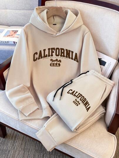 Manfinity Joysei 男士标准尺码休闲加州字母印花卡其色卫衣套装，男士运动服套装，适合秋冬季节、户外、运动、上学穿着，带保暖内衬