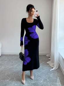 Elenzga Vestido de punto ajustado con cuello cuadrado y cintura de jacquard - azul real - Ver 5