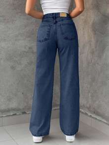 EURMUSE 100%Cotton Bleach Wash Straight Leg Jeans - Dark Wash - View 2