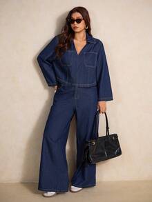 Elaquor 大码女式休闲牛仔长袖上衣和阔腿裤两件套，秋季 - 深色水洗藍 - 查看 6