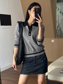 DAZY Women's Contrast Color Pullover Sweater, Elegant Long Sleeve Knit Top - Grey - View 8