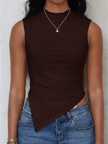 Mima John Women's Solid Color Sleeveless Cropped Casual Tank Top With Asymmetrical Hem,Multipack - Coffee Brown - View 5