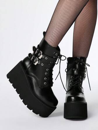 Damen Mode Plateau Knöchelstiefel - Sommer Punk Stil Schnalle Doppelriemen Rückriemen Wadenhoch Stiefel - Komfortable leicht Seitlicher Reißverschluss Kurzstiefel
