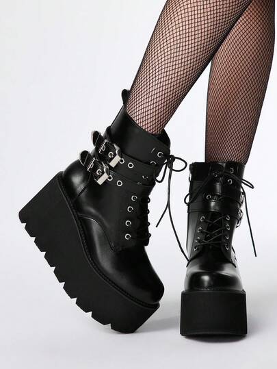 Damen Mode Plateau Knöchelstiefel - Sommer Punk Stil Schnalle Doppelriemen Rückriemen Wadenhoch Stiefel - Komfortable leicht Seitlicher Reißverschluss Kurzstiefel