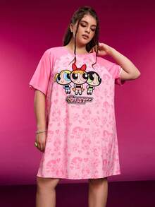 THE POWERPUFF GIRLS X SHEIN Plus Size Summer Cute Letter & Blossom, Bubbles, Buttercup Pattern Raglan Sleeve Nightgown Kawaii Nightgown Pink Nightgown Powerpuff Girls Dress Powerpuff Girls Nightgown Cartoon Nightgown Moo Moo Night Gown Moomoo Dress Romwe Kawaii - Pink - View 4