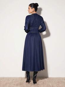 Modelyn 女士休闲V领宽松腰部单排扣前开式连衣裙，适合春秋季日常通勤 - 藏蓝色 - 查看 3