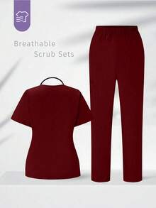 TaskEZ Scrubs Set: V-Neck Short Sleeve Top & Pants Scrub Uniform For Healthcare Workers - Burgundy - View 2