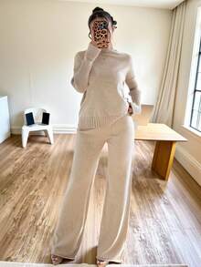 Firerie 秋冬优雅休闲燕麦色卡其色高领宽松针织毛衣直筒裤两件套 - 卡其色 - 查看 8