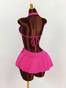 Amplova 深V领露背金属扣装饰褶裥开衩迷你连体短裤 - 玫紅色 - 查看 2