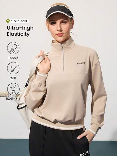 CourtClass Letter Print High Collar Half Zip Long Sleeve Pullover Sweatshirt Women Athleisure Hiking Tops Women Outdoor Sports Top Sportswear For Women Golf Tops For Woman Athleisure Tops