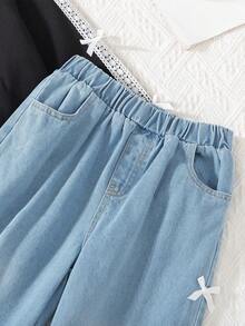 Genkimix Kids 秋冬新款时尚休闲女套装甜美蝴蝶结刺绣蕾丝拼布袖圆领卫衣+宽松直筒阔腿牛仔裤2件套 - 黑色 - 查看 5